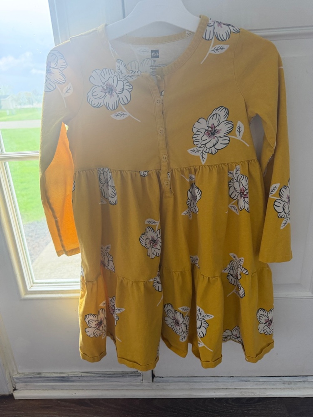Tea Collection Mustard Yellow Floral Tiered Knit Dress